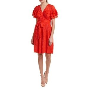 NWOT$475 Rebecca Taylor Ruffle Clip Dress, silk floral embossed, Red, size 6